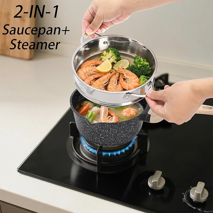 Jucoan 2 Quart Nonstick Saucepan with Lid & Steamer Basket, Small Nonstick Saucepan Cooking Steamer Pot with Pour Spout, Induction Safe, Non Toxic Granite Coating