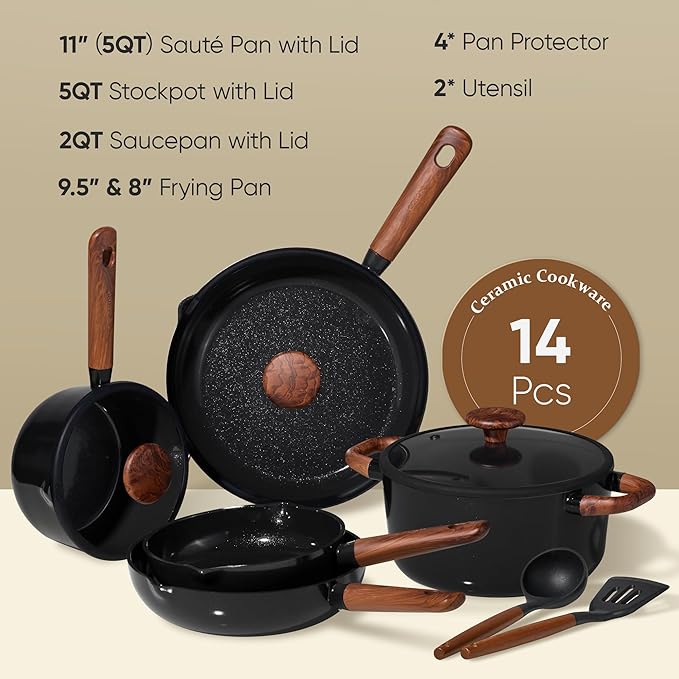 CAROTE ceramic cookware set,nonstick pots and pans，14PCS Non Toxic Healthy Non Stick Kitchen Cooking Pots and Frying Pans Set, PFAS PTFE Free