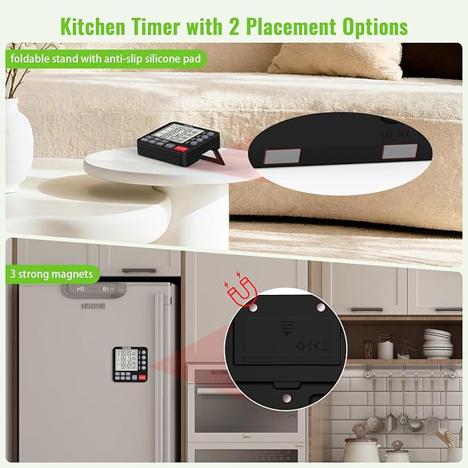 FCXJTU Digital Dual Kitchen Timer, 4-Channel Magnetic Countdown Timer for Cooking, On/Off, Large Display Multi Food Loud Alarm Silent for Classroom Seniors Battery Included (Black)