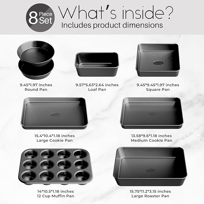 Slow Slog Nonstick Baking Pans Set, 8-Piece Stackable Bakeware Sets, Non-Toxic Oven Pan Set, Includes Baking Sheet, Cake Pan, Muffin Pan, Loaf Pan, Square Pan, Cookie Sheet & Roasting Pan, Black