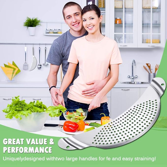 3pcs Stainless Steel Pot Strainer, Crescent Pasta Strainer Fits up to 9" Pots for Noodles, Fruit, Veggies