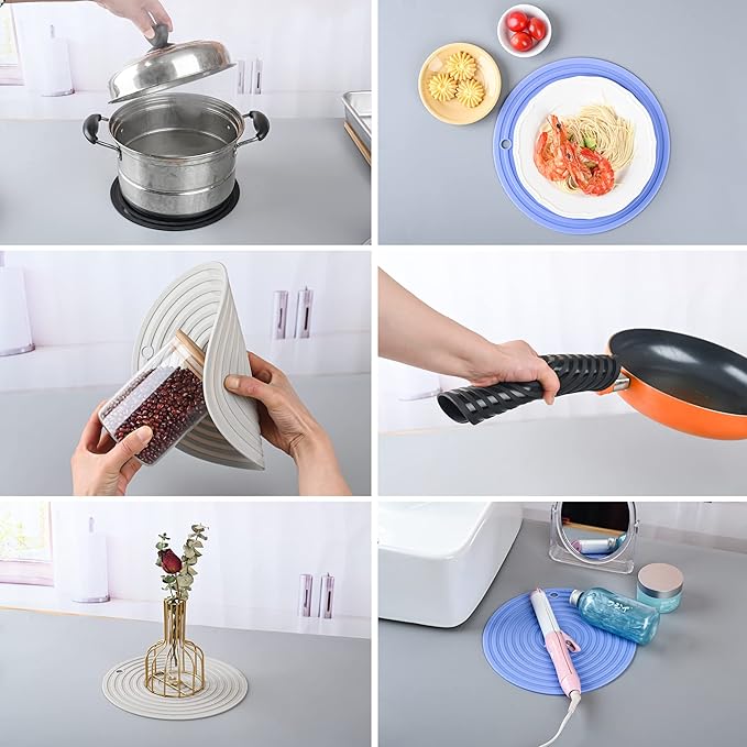 Silicone Trivets for Pots and Pans, Heat Resistant Pot Holders, Flexible Hot Pads for Kitchen Table, Non Slip Mats, Dia11.81 and 9.45 Inches Big Round Microwave Mats Pack 3 Navy Blue