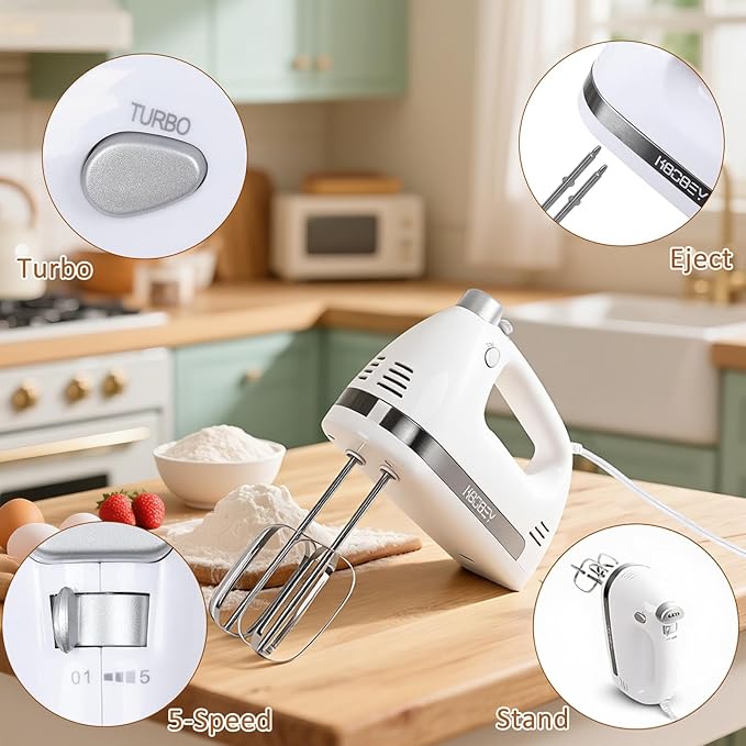 KBOBEY 450W Electric Hand Mixer, 5-Speed Handheld Mixer with Storage Case, Turbo & Eject Button, Includes 2 Beaters & 2 Dough Hooks for Baking, Cake, Egg, Cream (White)