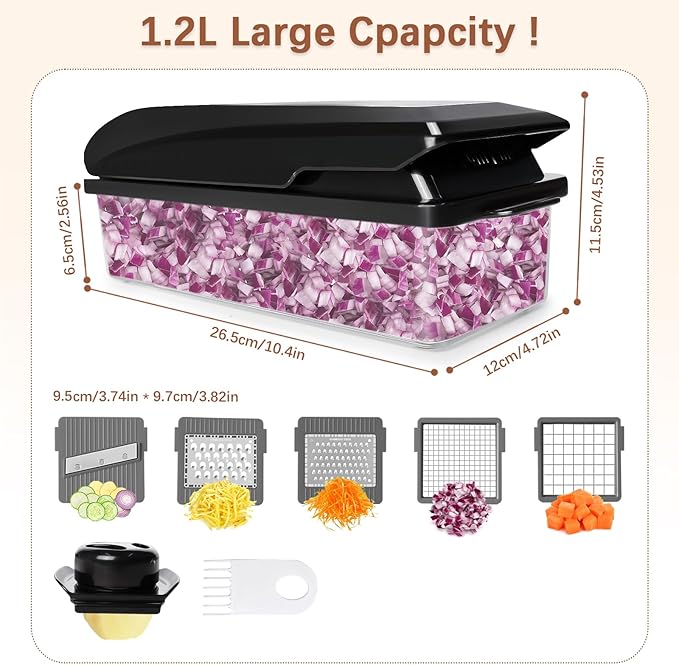 LHS Professional Multifunctional Vegetable Chopper Pro Food Chopper with Food Storage Containers, Mandoline Slicer Onion Dicer Fruit Cutter, Kitchen Gadgets and Home Essentials(7 in 1, Black)