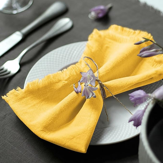 Handmade Cloth Napkins 100% Cotton Napkins with Fringe，Delicate Handmade Cloth Napkins for Dinners, Parties, Weddings and More，(18 x 18 Inch Set of 4) - Yellow