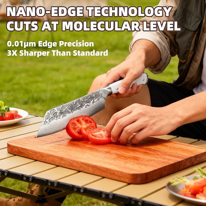 KOFERY Hand Forged Damascus Chef Knife Set with Roll Bag and Sharpener - Ideal for Culinary, Camping and BBQ(Off-White Handle)
