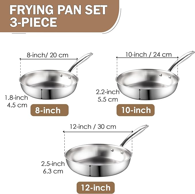 Cook N Home Stainless Steel Frying Pan Set, 8-inch, 10-inch, 12-inch Fry Pan, Tri-Ply Clad 18/10 Stainless Steel Skillet Sauté Cooking Pan, Induction Cookware, 3-Piece