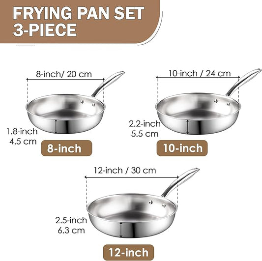 Cook N Home Stainless Steel Frying Pan Set, 8-inch, 10-inch, 12-inch Fry Pan, Tri-Ply Clad 18/10 Stainless Steel Skillet Sauté Cooking Pan, Induction Cookware, 3-Piece