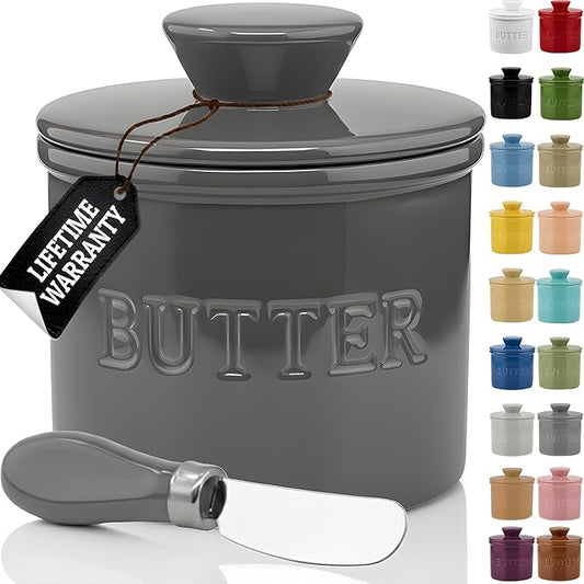 PriorityChef Butter Crock with Lid with Water Line, Ceramic French Butter Dish to Leave On Counter, Grey