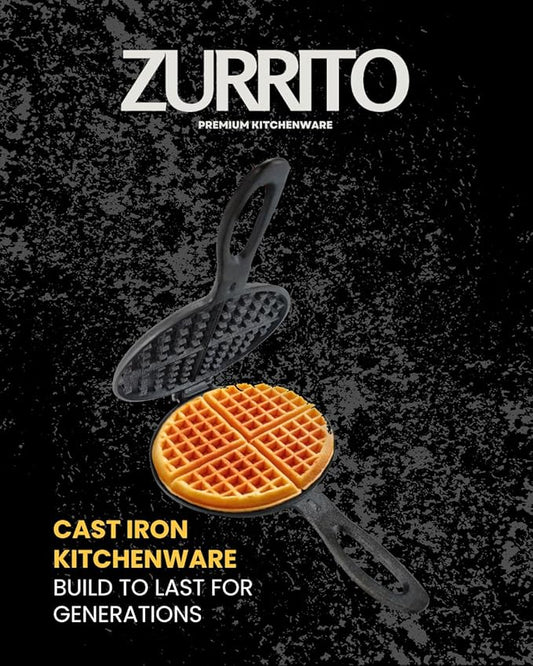 Cast Iron Waffle Maker Stove Top Bundle (5-Pieces) for Camping Grill or Stove Top