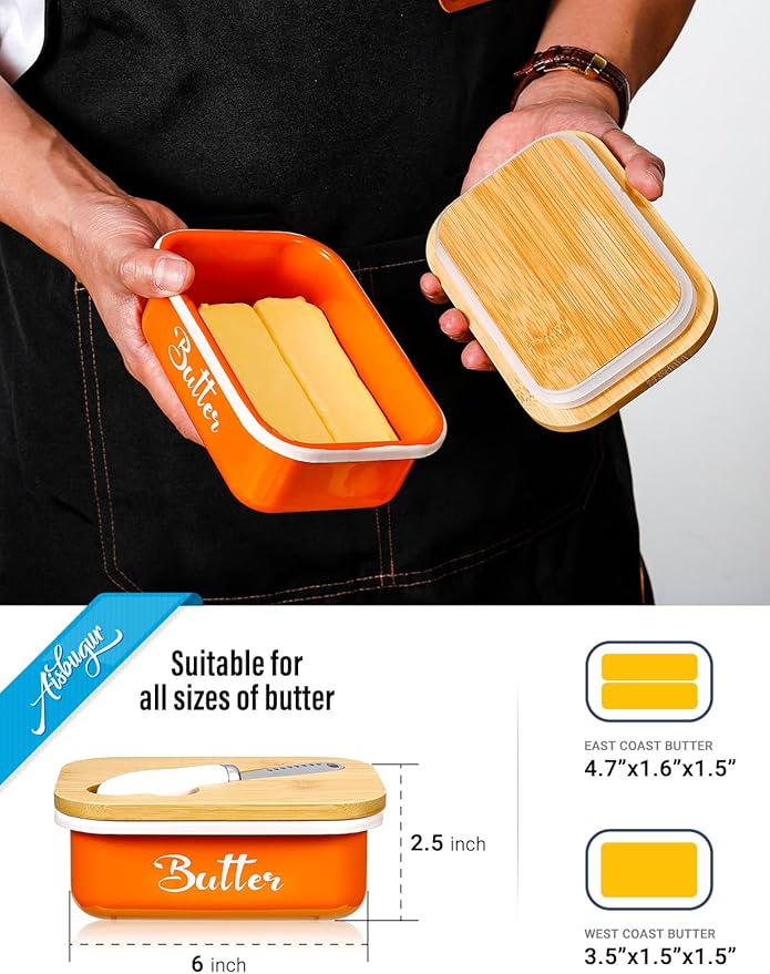 Butter Dish, Butter Dish with Lid for Countertop,Metal Butter Keeper with Stainless Steel Multipurpose Butter Knife, Large Butter Container with quality Silicone Good Kitchen Gift,Orange