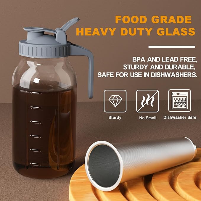JunVpic Cold Brew Coffee Maker Jar - 64oz Thick Glass Multipurpose Mason Pitcher Spout Lid with Handle & Stainless Steel Filter for Iced Coffee, Lemonade, Ice Tea, Homemade Fruit Drinks Container