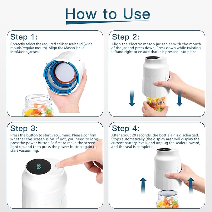 Electric Mason Jar Vacuum Sealer Kit for Wide Mouth and Regular Mouth Mason Jars Vacuum Sealing Machine for Food Storage Compatible with Vacuum Zipper Bags and Vacuum Seal Containers