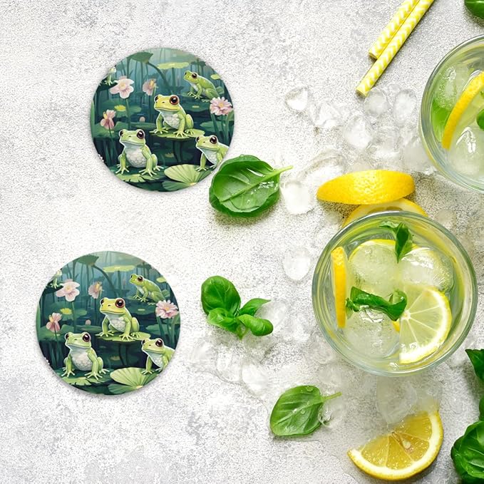 Lotus Leaves Frogs Round Coasters Set of 2, Absorbent Ceramic Coaster with Cork Base, Bar Coasters for Drinks Coffee Mugs Tea Cups Wine Glasses Home Decor Gifts (4 inches Diameter)