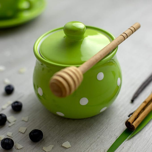 City to Cottage Ceramic Sugar Bowl with Lid, 10oz Sugar Contanier for Coffee Bar, Sugar Dispenser Bowl, Salt - Condiment Pot for Kitchen Counter, Handcrafted Green Polka Dot Sugar Jar