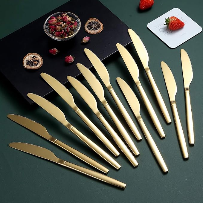 Berglander Gold Dinner Knives Set Of 12, Titanium Shiny Gold Plating Stainless Steel Dinner Knife, Butter Knife Table Knives Dishwasher Safe