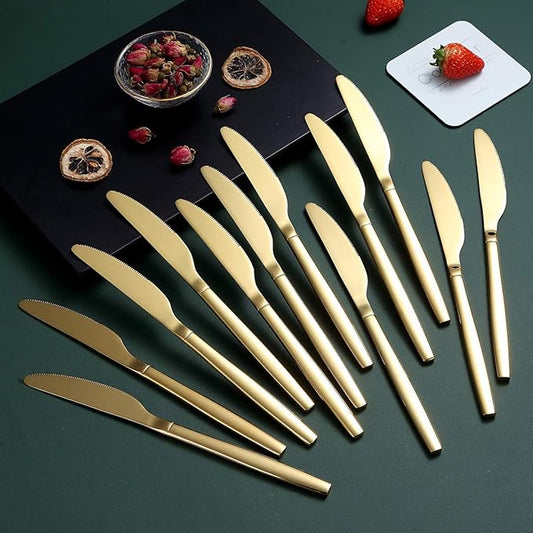 Berglander Gold Dinner Knives Set Of 12, Titanium Shiny Gold Plating Stainless Steel Dinner Knife, Butter Knife Table Knives Dishwasher Safe
