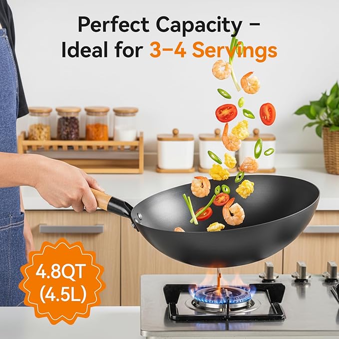VIVIDCOOKWARE 12.6" Carbon Steel Wok Pan, Flat Bottom Stir Fry Wok with Spiral Thread Interior, Coating‑Free Naturally Seasoning Wok, Compatible with Gas, Electric & Induction Cooktops
