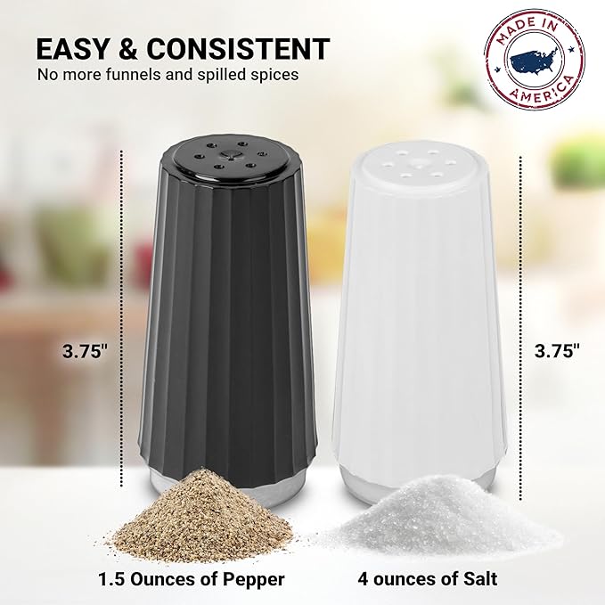 Disposable Salt and Pepper Shakers by Global Basics (24)- Plastic Shaker Sets for Parties, Restaurants, Picnics, Cookouts - Prefilled Salt and Pepper Shakers with 4oz. Salt, 1.5oz. Pepper - 24-Pack