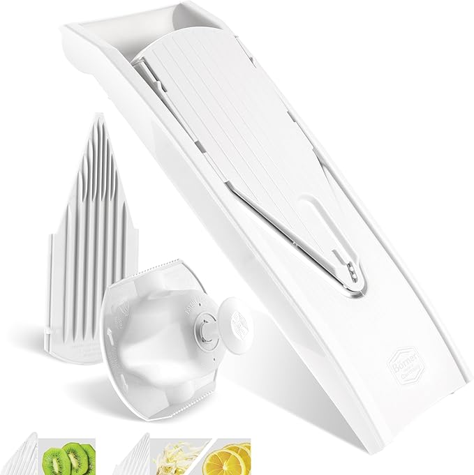 Mandoline Food Slicer Borner V1 (Basic Set) by Reston Lloyd • V-Slicer with Food Holder • Made in Germany • Fruit & Vegetable Chopper • Multiple Settings • Color: White