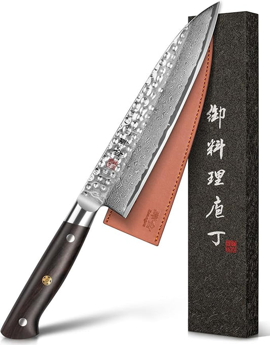 Japanese Chef Knife 8.27 Inch Kitchen Knife with 67 Layers Damascus Steel AUS-10 Core, Professional chefs Knife with Full-Tang Ebony Wood Handle and Premium Gift Box(Hammered Damascus Series)