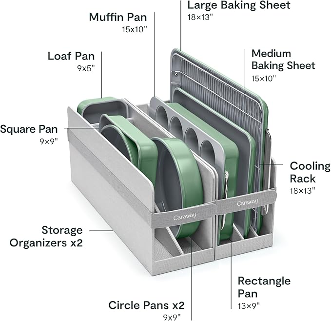 Caraway Nonstick Ceramic Bakeware Set (11 Pieces) - Baking Sheets, Assorted Baking Pans, Cooling Rack, & Storage - Aluminized Steel Body - Non Toxic, PTFE & PFOA Free - Sage