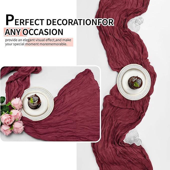 4 Pcs Burgundy Christmas Cheesecloth Table Runner 10Ft, Gauze Table Runners 21.5 x 120 inch, Semi Sheer Cheese Cloth Fabric Runner Bulk for Wedding,Party,Baby Shower,Bridal Shower