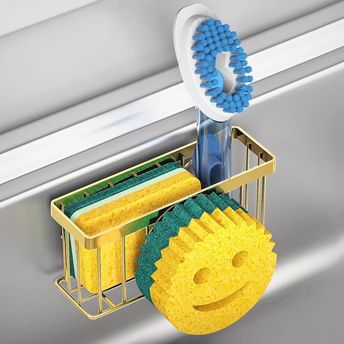 Sponge Holder Smiley Face, for kitchen Sink, Kitchen Organizer Sponge Holder with 2 PCS Suction Cups/1 PCS Adhesive Strips, Designed for Sponge, Soap, Dish brush, Scrubber-Gold
