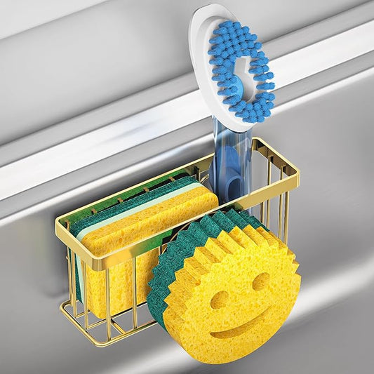 Sponge Holder Smiley Face, for kitchen Sink, Kitchen Organizer Sponge Holder with 2 PCS Suction Cups/1 PCS Adhesive Strips, Designed for Sponge, Soap, Dish brush, Scrubber-Gold