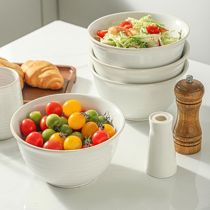 Soup Bowls, 40 Ounce Serving Bowls for Cereal Soup Salad Pasta Popcorn Oatmeal Breakfast, Durable Deep Ceramic Bowl Sets Suit For Housewarming, Microwave Safe & Dishwasher Safe, Arctic white