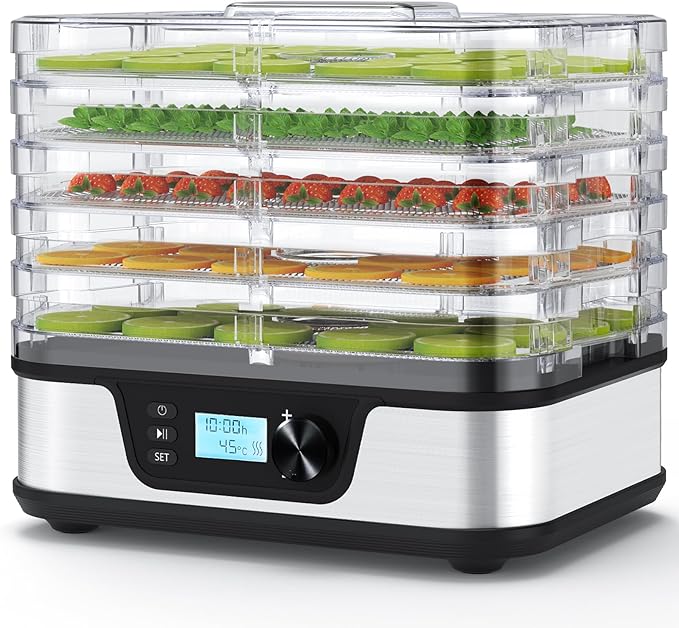 Food Dehydrator, 5 Stainless Steel Trays, 72H Timer & Temp Control up to 167°F, 400W Food Dryer, Recipe Book for Jerky, Fruit, Meat, Vegetables, Herbs, BPA-Free