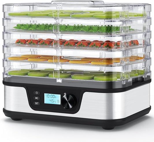 Food Dehydrator, 5 Stainless Steel Trays, 72H Timer & Temp Control up to 167°F, 400W Food Dryer, Recipe Book for Jerky, Fruit, Meat, Vegetables, Herbs, BPA-Free