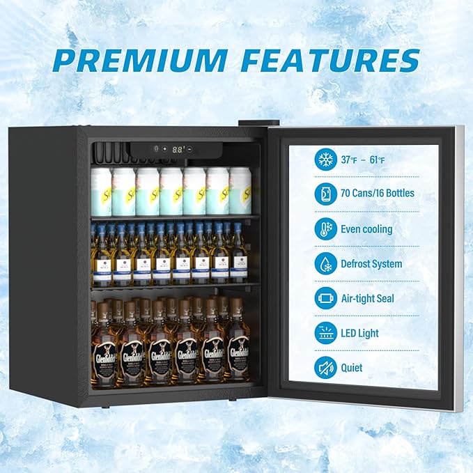 Beverage Refrigerator and Cooler, 76 Can/1.7 Cu Ft Mini Fridge with Glass Door, Adjustable Shelves for Soda,Beer,Wine, Free Standing Small Refrigerator, Digital Display, for Home, Bar, Office