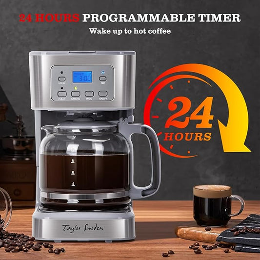 Taylor Swoden 12-Cup Programmable Coffee Maker, Regular & Strong Brew Drip Coffee Machine for Home and Office, Glass Carafe, Pause & Serve, Auto Shut Off, Gray & Stainless Steel
