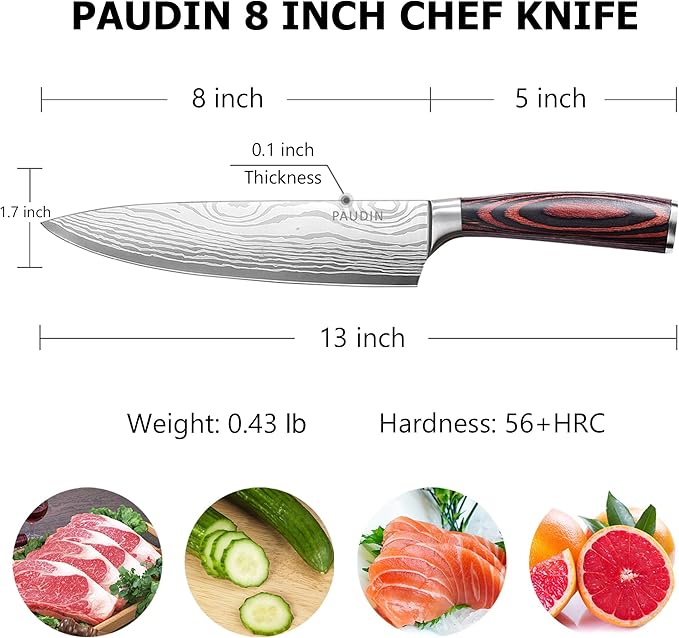 PAUDIN Chef Knife with Sheath- Pro Kitchen Knife 8 Inch Chef's Knives with High Carbon Stainless Steel, Sharp Japanese Knife with Ergonomic Handle for Home Kitchen Restaurant