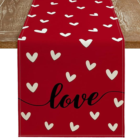 ARKENY Valentines Day Table Runner 48x13 Inches Love Heart Red Table Decor, Burlap Farmhouse Indoor Outdoor Holiday Anniversary Decoration for Home Party AT057-48