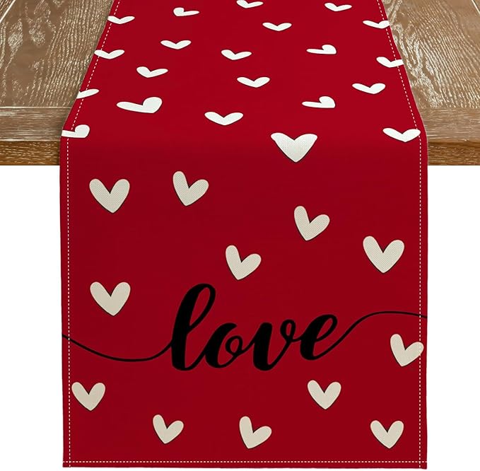 ARKENY Valentines Day Table Runner 108x13 Inches Love Heart Red Table Decor, Burlap Farmhouse Indoor Outdoor Holiday Anniversary Decoration for Home Party AT057-108