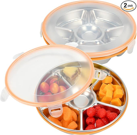2 pcs Veggie Tray with Lid, Divided Serving Tray with Lid, Round Stainless Steel Serving Platter, Snackle Box Container with 7 Compartments