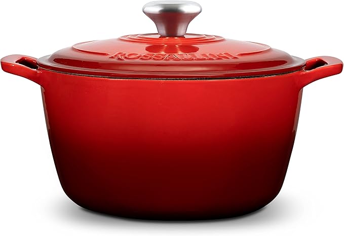 ROSSALLINI Signature Enameled Cast Iron Dutch Oven, Non-Stick Serving Pot with Tight Fitting Lid for Perfect Roasting, Baking, Sauteing, and Bread Making | 5.5Q (5.2L) - Red