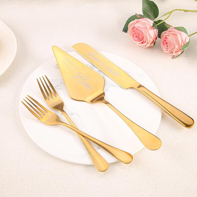 GURUDAR Wedding Cake Knife and Server Set with Forks for Bride and Groom, 4 Pieces Mr and Mrs Wedding Cake Cutting Set For Bridal Shower Gifts Couple Engagement Birthday Anniversary, Gold
