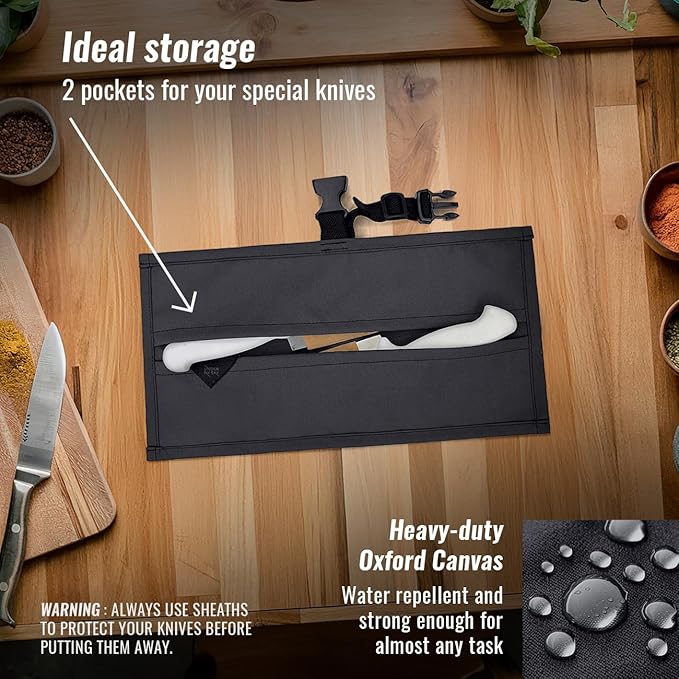 Under NY Sky Knife Roll Case - 2 Slots - Heavy Duty Oxford Canvas Pouch - Leather Reinforced - Portable Bag for Cooking Tools, Utensils, Cutlery Knives, Brushes - Chefs, Kitchen, Travel, Gift - Gray