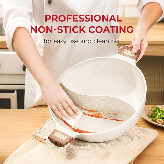 Rosewill 4.2QT Double Flavor Non-Sticking Shabu Shabu Hot Pot with Divider, 13 inch Divided Stockpot for Cooking, Hot Pot for Induction Cooktop & Gas Stove, Electric Burner - Beige