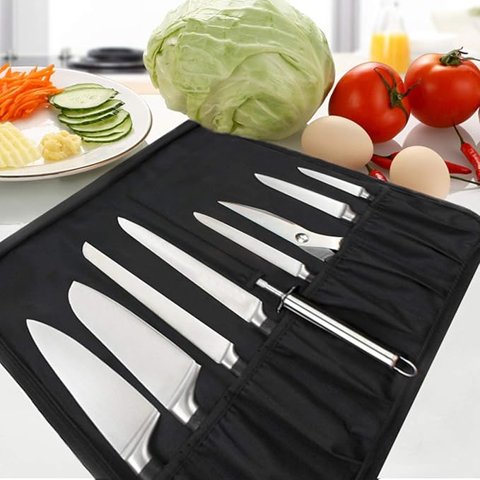 Tosnail Chef Knife Roll Bag with Carry Handle and Shoulder Strap, Large Capacity Kitchen Knife Storage Bag, Portable Knife Carrying Case with Double Folded Design, Black