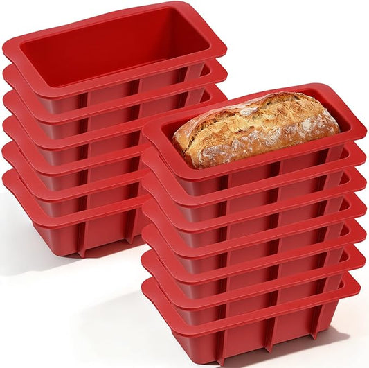 MAQUITA 12 Pack Silicone Mini Bread Loaf Pans for Baking, Small Silicone Bread Loaf Pan Set, Rectangular Non-Stick Baking Mold Pans for Oven, Bread, Cake, Easy Release (Red)