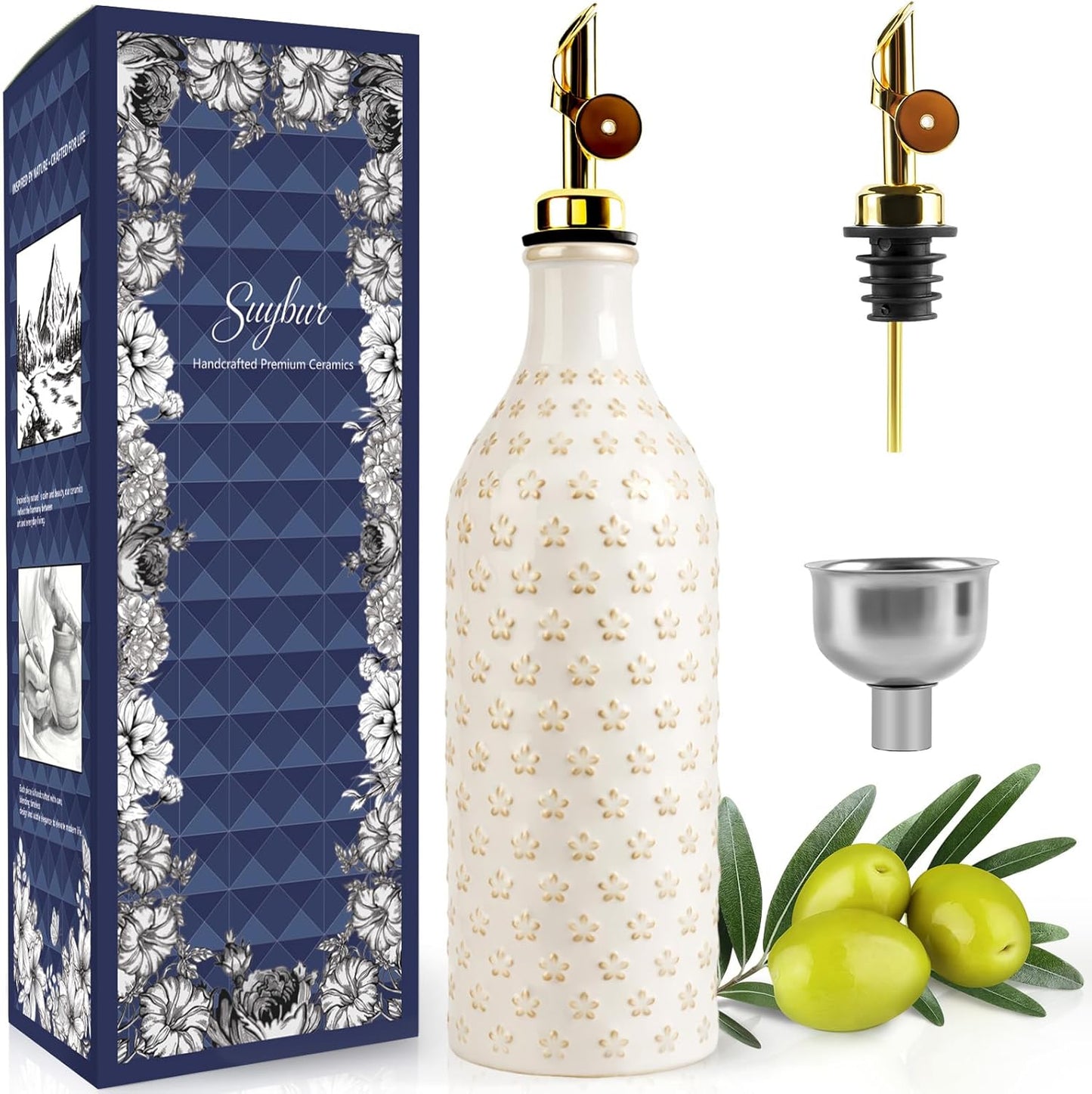Ceramic Olive Oil Dispenser Bottle for Kitchen with Gravity Spout, 19 oz Opaque Relief Oil Cruet with Funnel, Oil Container for EVOO, Vinegar, and Soy Sauce (Petal Design)