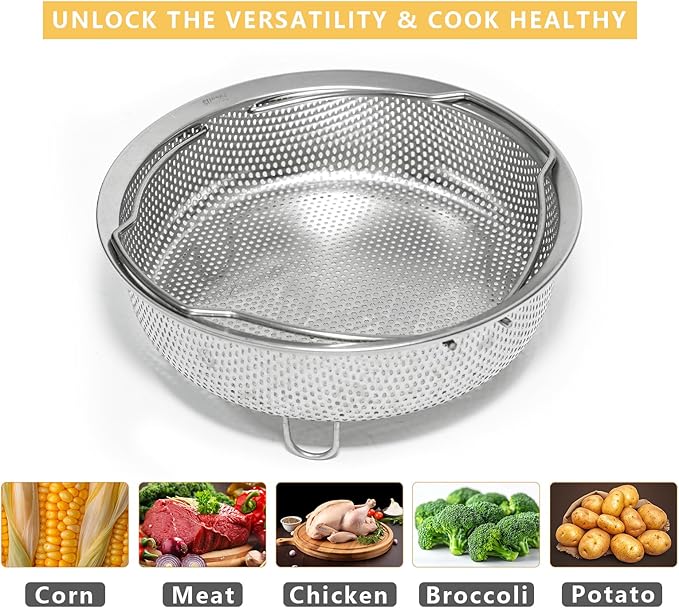 Stainless Steel Steamer Basket - Vegetable & Dumpling Steamer Insert for Pots, Instant Pot Accessories with Handles & Feet, Multi-Purpose Mesh Strainer for Cooking, Fruits (Silvery, Medium)