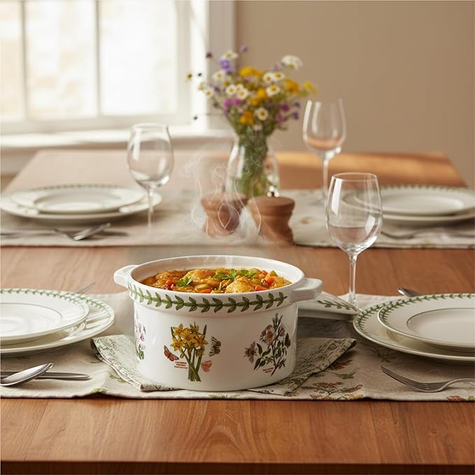 Portmeirion Botanic Garden 5" Mini Casserole Dish with Cover - Assorted Florals Motif, Earthenware Bakeware with Chip-Resistant Glaze - Oven, Microwave, Freezer, Dishwasher Safe for Everyday Use