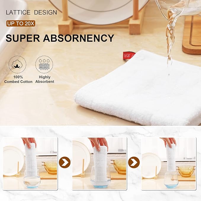 Mordimy 100% Cotton Terrycloth Kitchen Towels and Dishcloths Sets, Soft and Absorbent Checkered Dish Towels, Quick Drying Dish Rags for Washing Dishes, 4 Pack 16" x 26" & 4 Pack 12" x 12", White