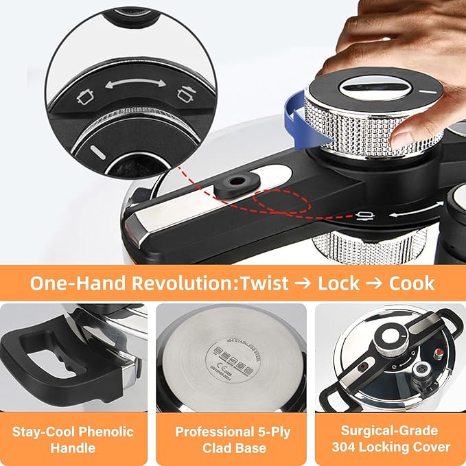 7.4QT Stainless Steel Pressure Cooker, Olla de presion, Cooking Pressure Cooker, Compatible with Induction and Gas Stovetops, Dishwasher Safe, One-Hand Opening Design (7.4QT)