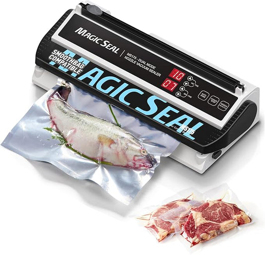 MAGIC SEAL Nozzle Vacuum Sealer Machine for Mylar bags & Smooth Flat Bags - 220W Food Sealer with Adjustable Air & Seal Settings, Auto/Manual Modes (Not for Textured) -MS175